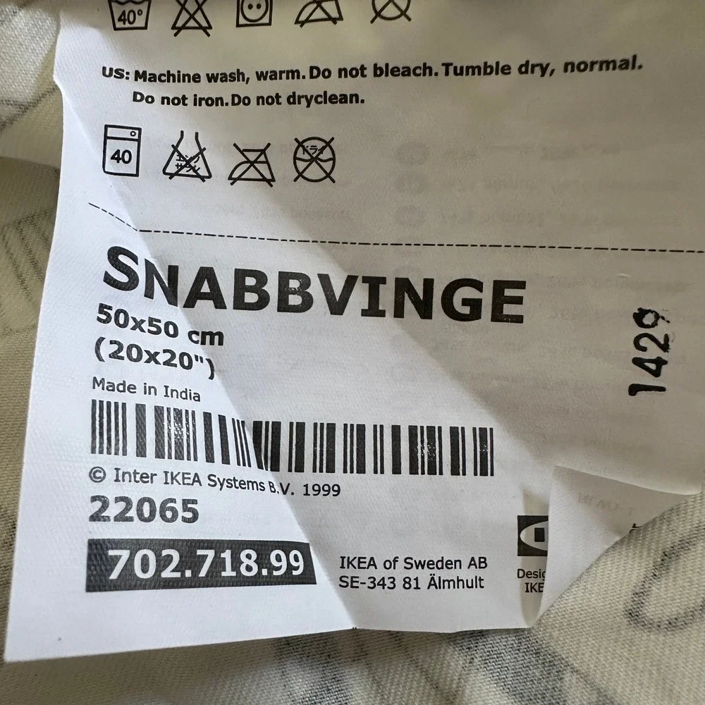 IKEA Snabbvinge Pillow Cover 20x20 Bird Leaf Floral Print Cream Blue Green